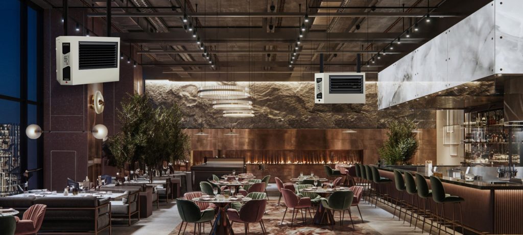 Digitally generated image of a large cafe restaurant interior at night. 3d rendering of a luxury restaurant with elegant decoration.