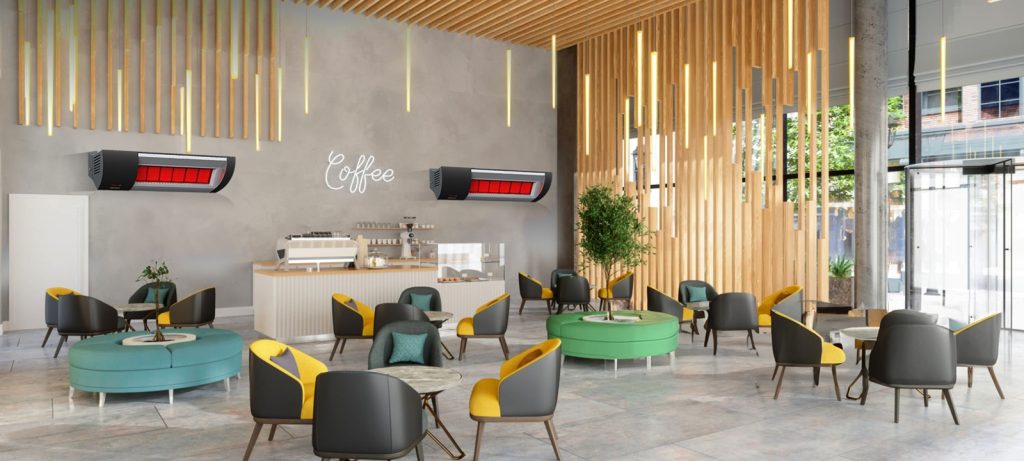 Cafe Interior With Leather Armchairs, Round Tables And Pendant Lights